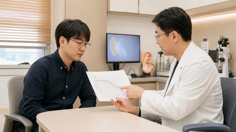 청력검사 결과지를 함께 확인하며 이명의 원인과 치료 방향을 상담하는 과정입니다.