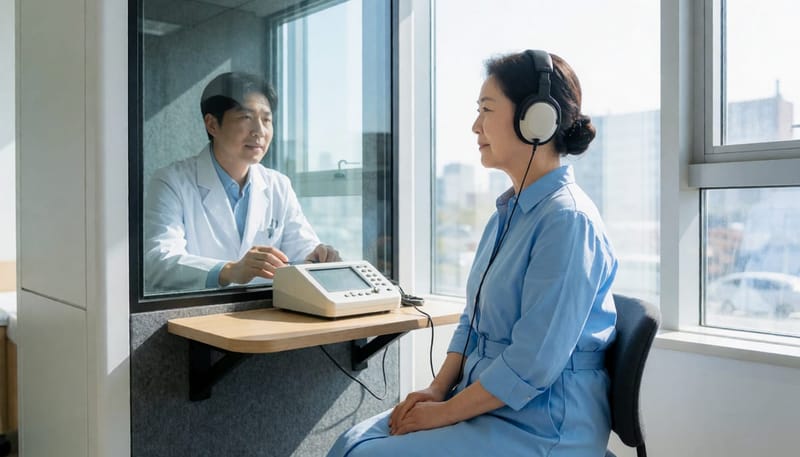 방음 부스 안에서 여러 음높이의 소리를 듣고 반응을 확인하는 이명도검사 과정