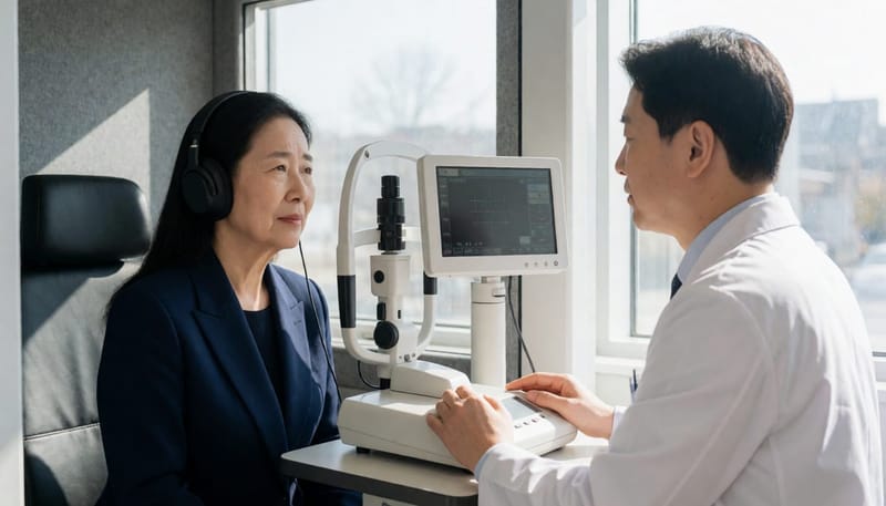 순음청력검사는 방음부스 안에서 헤드폰을 착용한 채 진행됩니다.