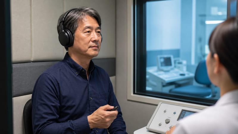 순음청력검사는 방음 부스에서 여러 주파수의 소리를 들려주며 진행됩니다
