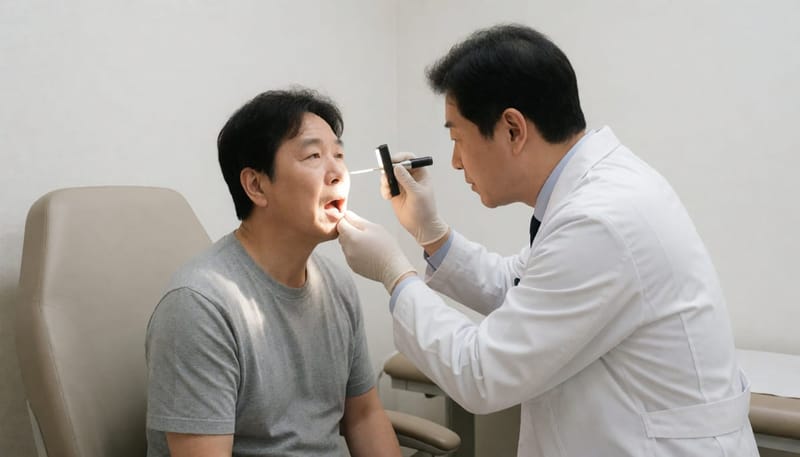 의사가 조명과 압설자로 환자의 목 안쪽을 진찰하는 모습