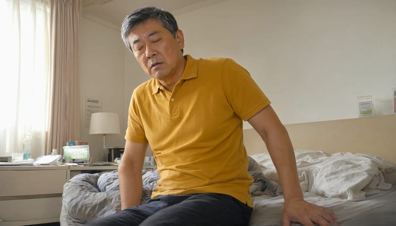 자다가 돌아눕는 순간 어지럼을 느끼는 고령층 환자의 모습