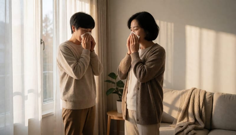창가에서 휴지로 코를 만지며 답답한 표정을 짓는 여성의 일상 모습