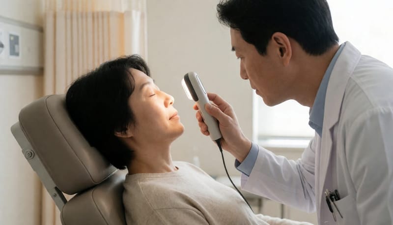 진료 의자에 누운 환자의 코 부위를 의사가 조명 기구로 살펴보는 모습