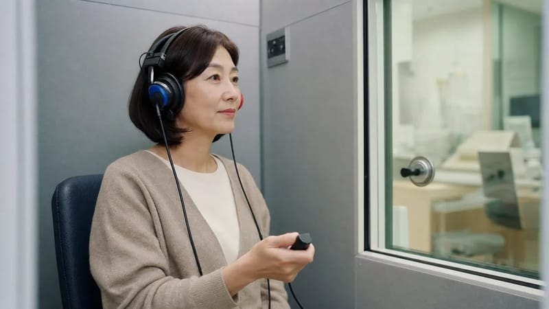 순음청력검사는 주파수별로 들을 수 있는 가장 작은 소리 크기를 데시벨로 기록합니다.