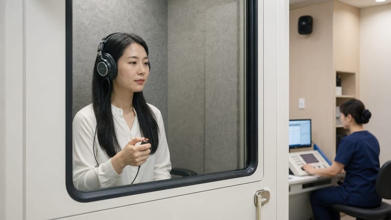 방음부스에서 진행되는 순음청력검사는 보통 15~20분 정도 걸립니다.