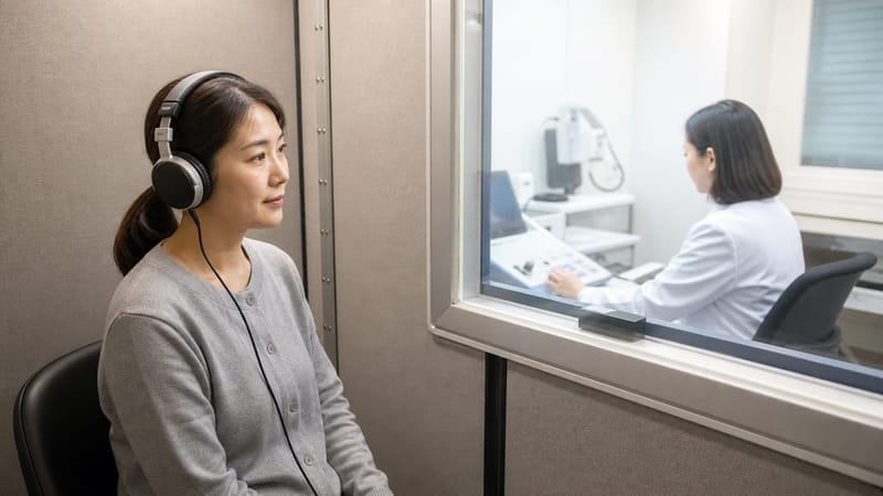 순음청력검사는 방음 부스 안에서 주파수별 최소 가청 역치를 측정하는 검사입니다.
