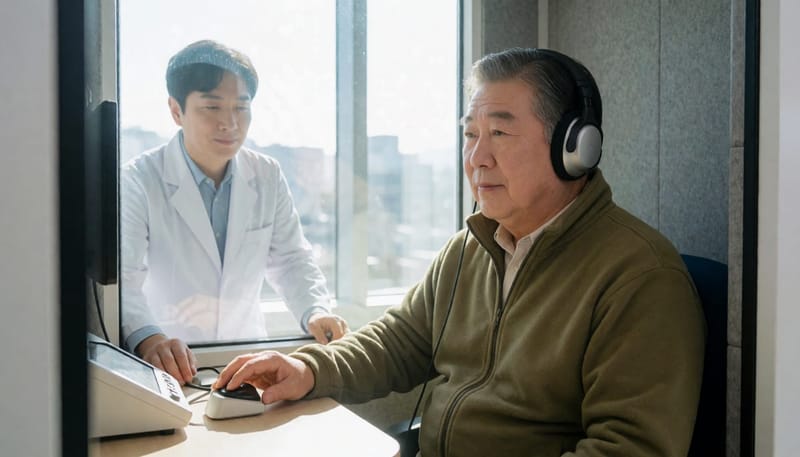 방음부스 안에서 헤드폰을 착용하고 여러 주파수의 소리 자극에 반응하는 방식으로 순음청력검사가 진행됩니다.