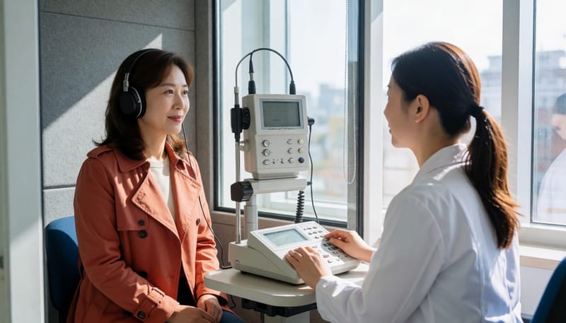순음청력검사는 방음부스에서 주파수별로 들리는 최소 소리를 측정하며, 보통 20~30분 정도 걸립니다.
