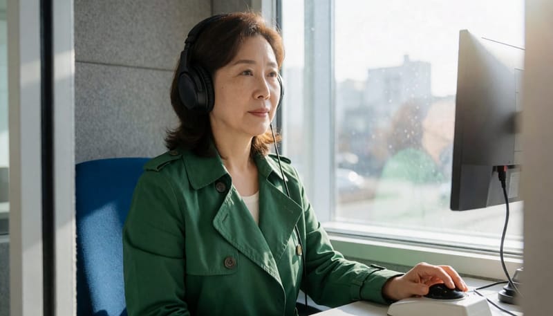 방음부스에서 순음청력검사를 받는 모습