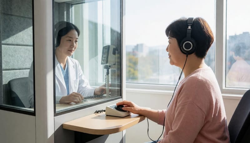 방음부스에서 순음청력검사를 받는 과정입니다.