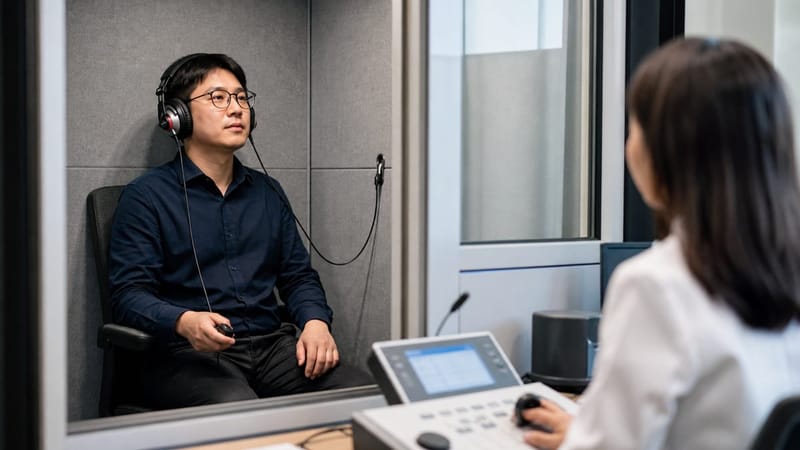 방음부스에서 순음청력검사를 진행하는 모습입니다.