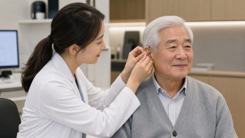 보청기 착용 상담을 받는 모습입니다.