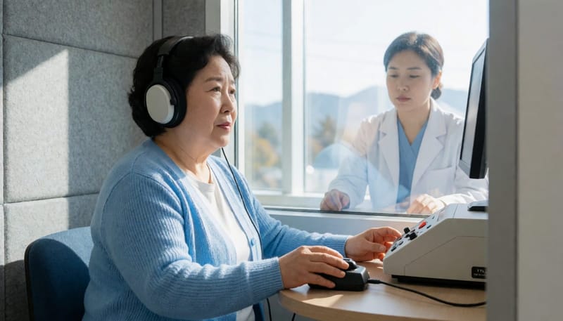 방음 부스에서 헤드폰을 착용하고 순음청력검사를 받는 모습