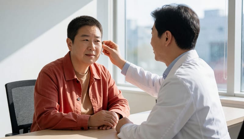 보청기 적합 상담 중 청력 보조기기를 조정받는 모습