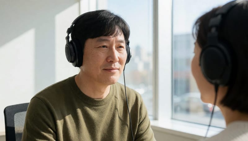 방음부스에서 순음청력검사를 받는 모습