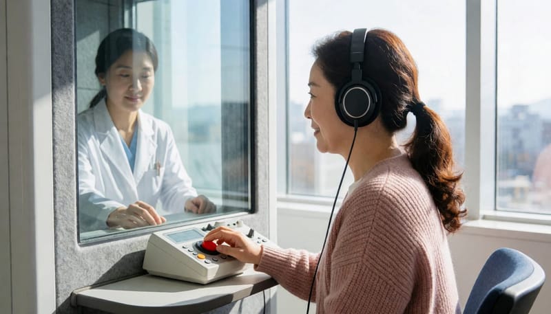 방음부스에서 순음청력검사를 받는 모습으로, 들리는 소리에 버튼을 눌러 반응합니다.
