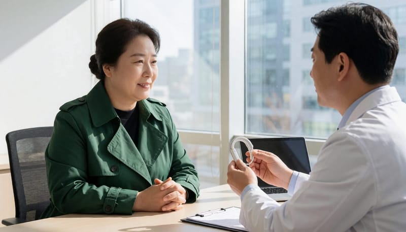 보청기 종류와 적합성을 상담받는 모습으로, 건강보험 적용 여부는 진단과 기기에 따라 달라집니다.