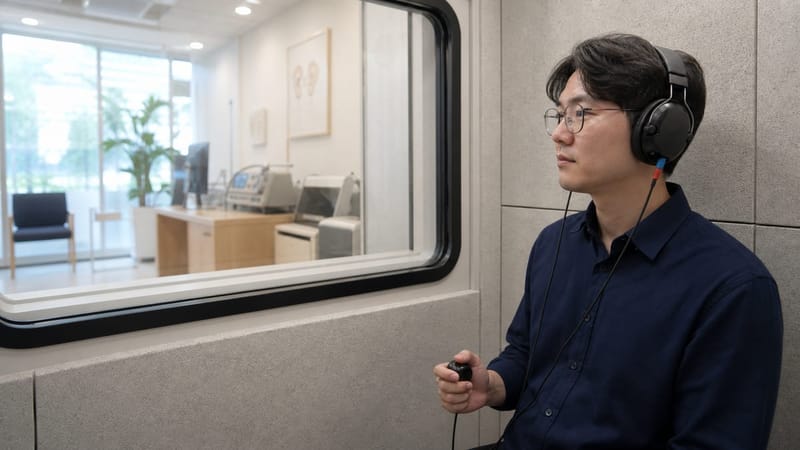 순음청력검사는 방음부스 안에서 헤드폰을 착용한 채 15~30분 정도 진행됩니다.