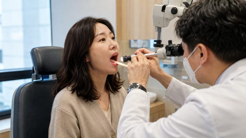 편도와 인두 상태는 문진과 시진으로 먼저 확인합니다.