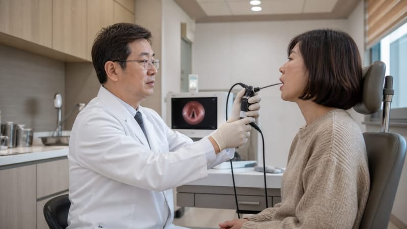 이비인후과 진료실에서 후두내시경으로 후두 상태를 확인하는 모습