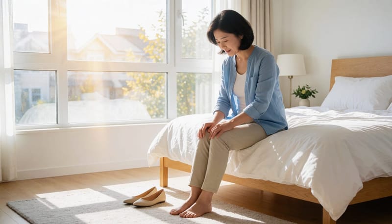 신발을 벗고 침대에 앉아 엄지발가락 돌출 부위를 손으로 만지며 통증을 확인하는 여성