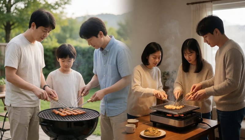 여름 야외 불판과 겨울 실내 불판 앞에 손등을 가까이 대는 가족의 모습
