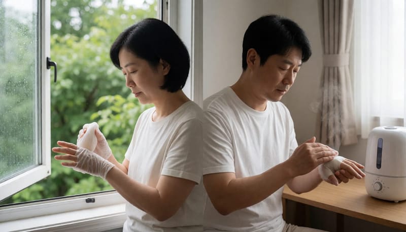 여름철 습한 환경과 겨울철 건조한 실내에서 각각 다르게 상처를 관리하는 모습
