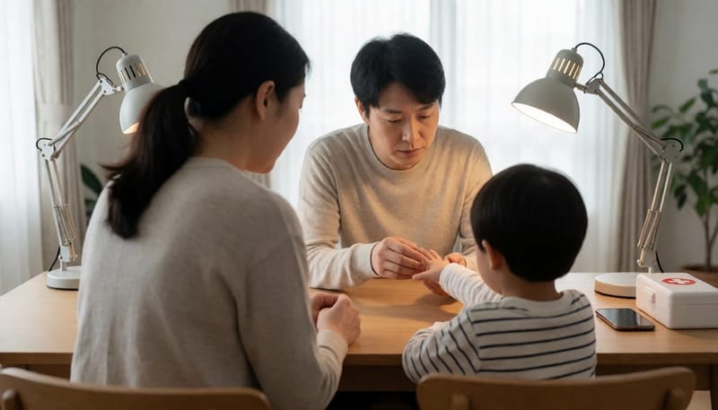 집에서 아이의 화상 부위를 살피며 병원행을 고민하는 어머니