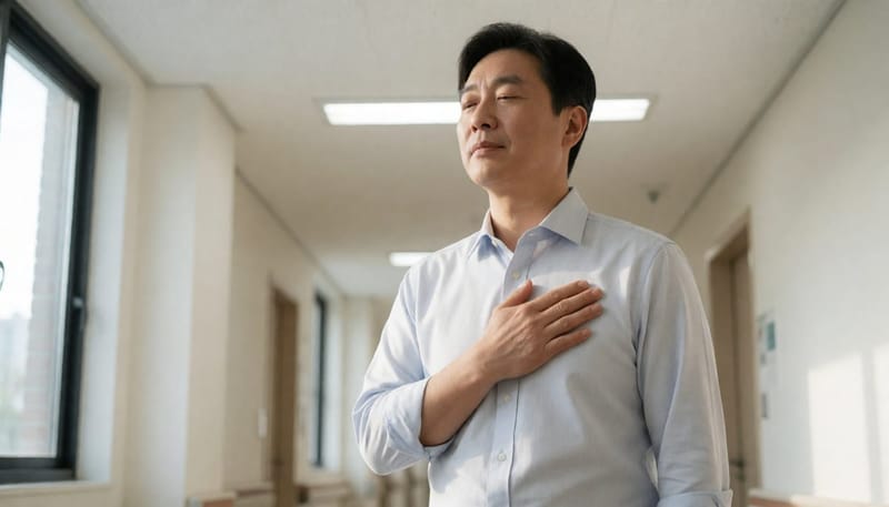 40대 남성이 병원 복도에서 가슴을 짚고 있는 모습