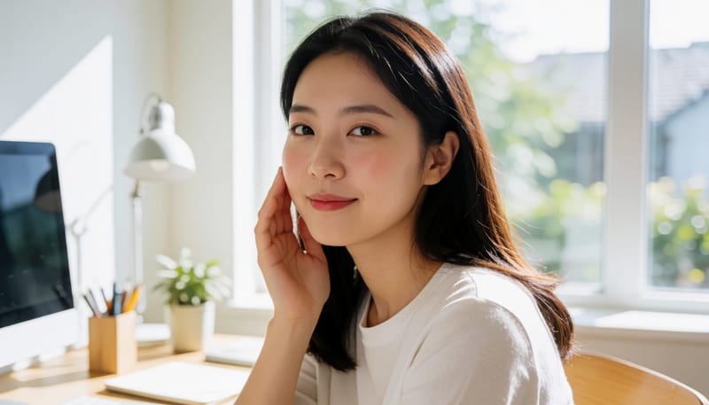 볼과 코 위로 나비 모양 발진이 번진 여성의 얼굴 클로즈업