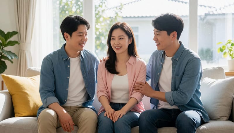 허리와 옆구리 쪽을 손으로 짚으며 앉아있는 여성