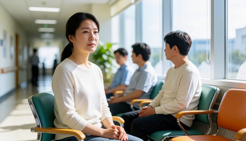 병원 대기실에 앉아있는 여성의 모습