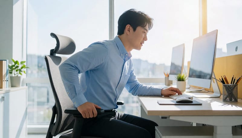 의자에서 일어나다 엉덩이 아래쪽을 짚으며 찡그리는 직장인 남성