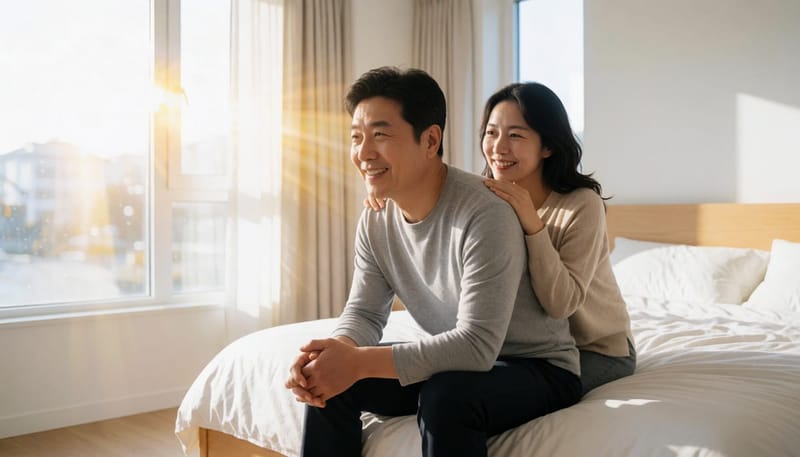 침대에 앉아 허리와 엉덩이를 짚으며 저림을 느끼는 중년 남성