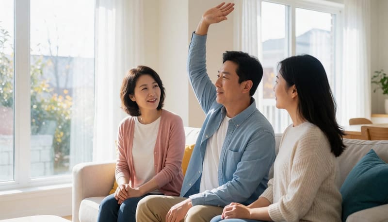 집에서 팔을 들어 올리며 어깨 통증 패턴을 확인하는 남성