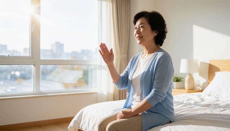 침대에 걸터앉아 어깨를 움켜잡고 통증에 찡그린 중년 여성