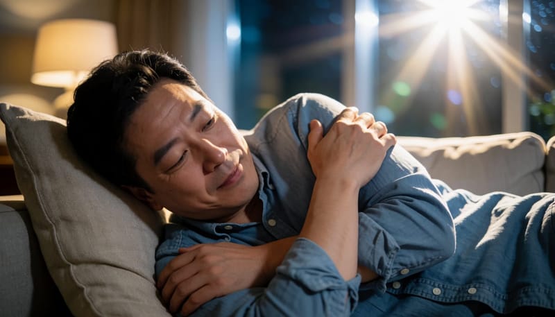밤에 소파에 누워 양손으로 어깨를 움켜잡고 극심한 통증을 느끼는 남성