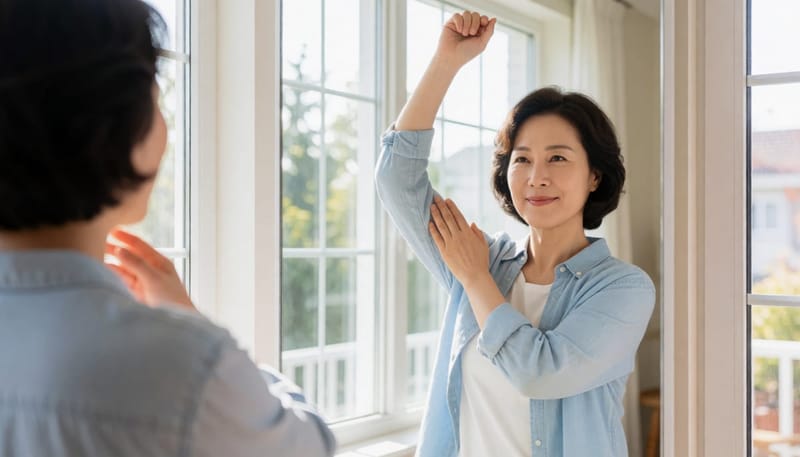 집 거울 앞에서 조심스럽게 팔을 들어 올리며 어깨 상태를 확인하는 여성