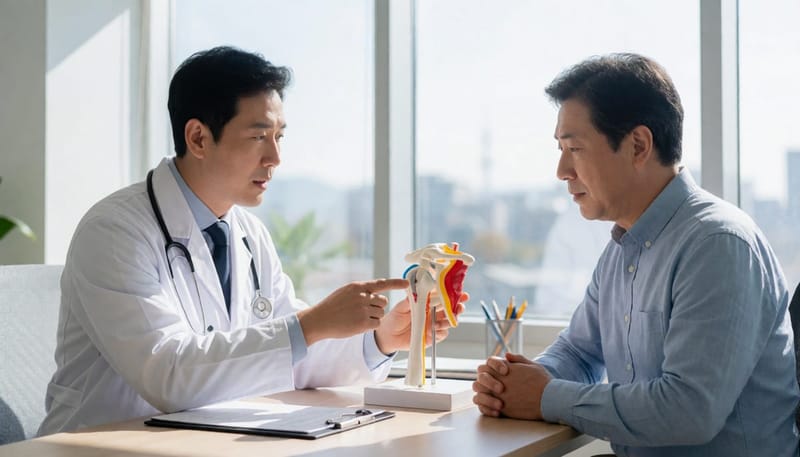 진료실에서 의사가 어깨 관절 모형을 가리키며 환자에게 설명하는 모습
