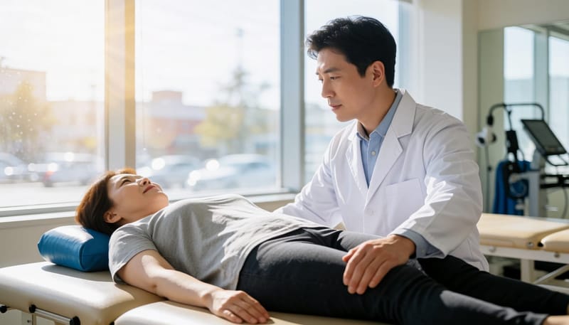 물리치료사가 환자의 종아리 상태를 손으로 촉진하며 살피는 모습