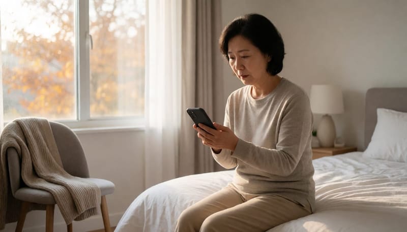 아침 침대에 앉아 휴대폰 속 검진 알림을 걱정스러운 표정으로 바라보는 중년 여성
