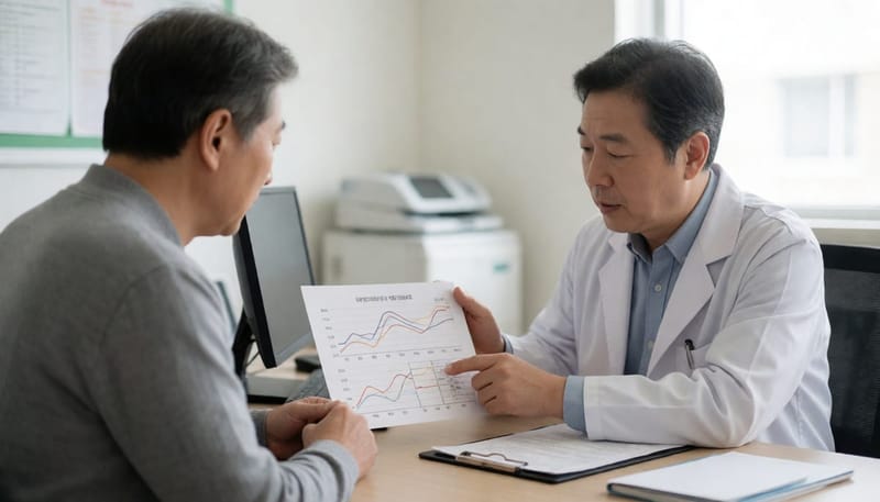 의사가 혈당·혈압 수치 그래프를 짚으며 환자에게 위험 요인을 설명하는 진료실 장면
