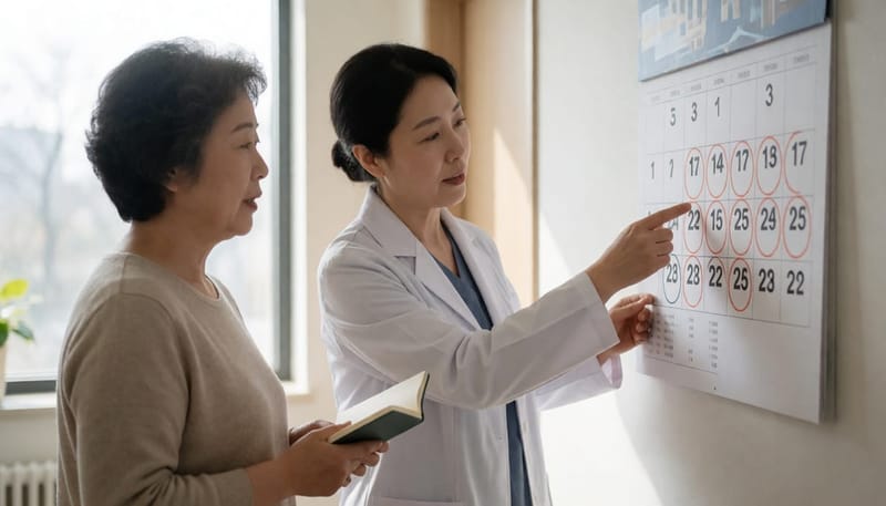 진료실 복도에서 달력의 검진 예정일을 짚으며 환자에게 설명하는 여의사