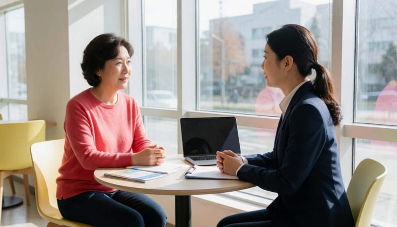 복지센터에서 상담사와 마주 앉아 도움을 상의하는 여성