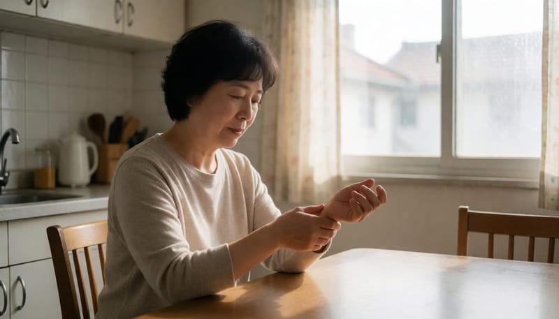 손목 통증에 손 흔드는 여성
