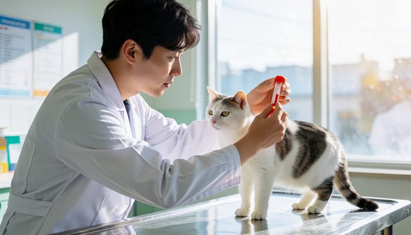 나이에 따라 달라지는 신부전 원인을 확인하기 위해 혈액 검사를 하는 수의사