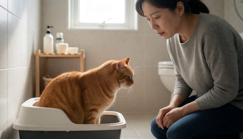 화장실 고양이 모래상자 앞에 오래 웅크린 고양이를 걱정스럽게 지켜보는 여성