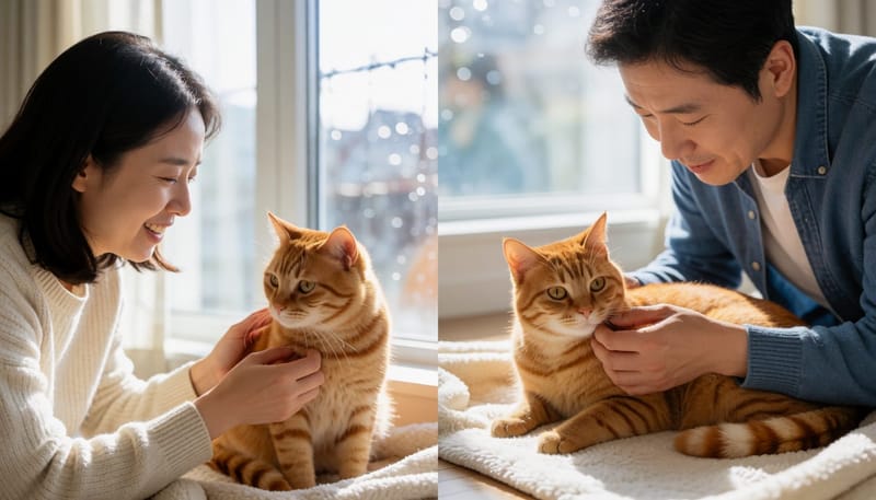 경증 신호를 보이는 중성화 고양이의 배를 살펴보는 보호자
