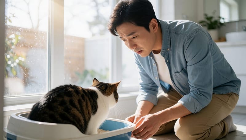 남성이 화장실에서 수컷 고양이가 배변판에서 힘주는 모습을 걱정스럽게 지켜보는 모습